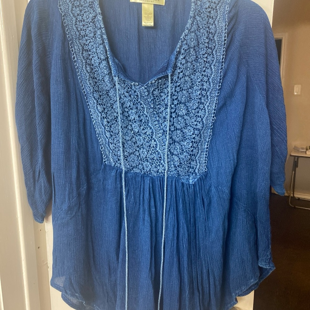 Studio West Blue Boho Crochet Peasant Top Tassel Tie Rayon Tunic L